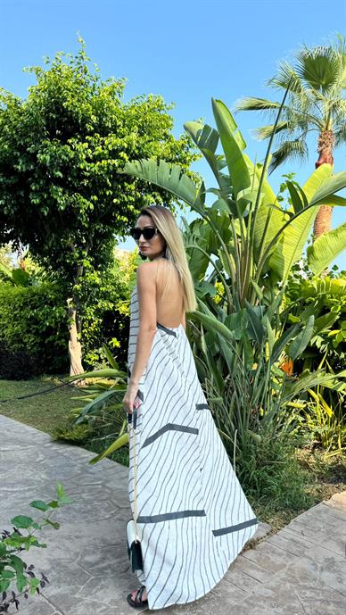 Asimetrik Çizgili Boyundan Bağlamalı Elbise