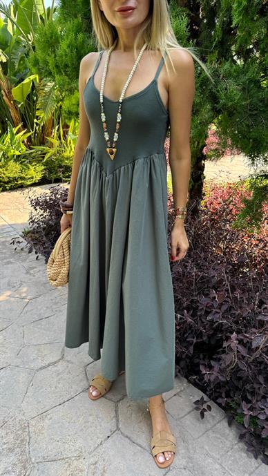 Askılı Fitilli Haki Elbise