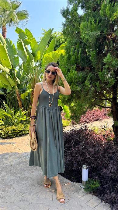 Askılı Fitilli Haki Elbise