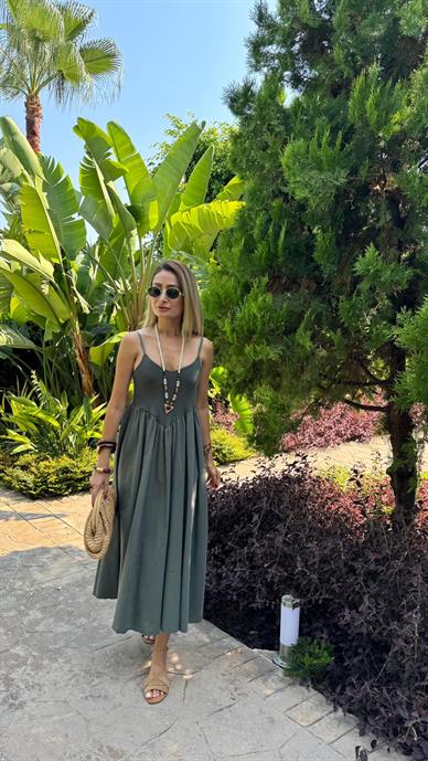 Askılı Fitilli Haki Elbise