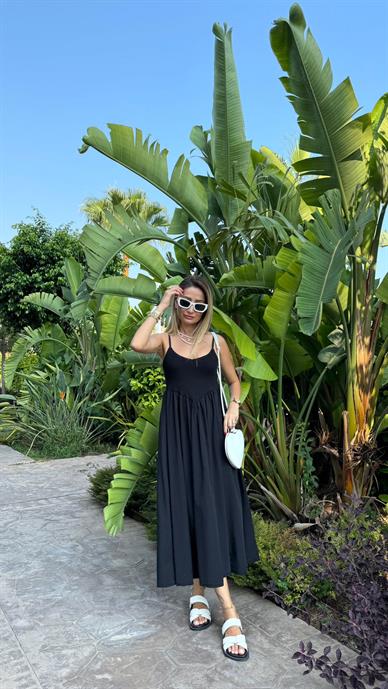 Askılı Fitilli Siyah Elbise