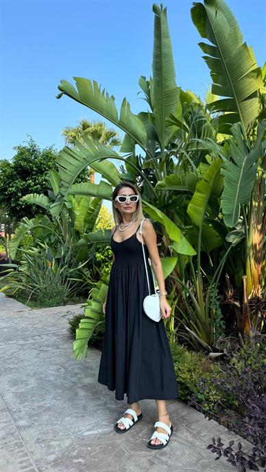 Askılı Fitilli Siyah Elbise