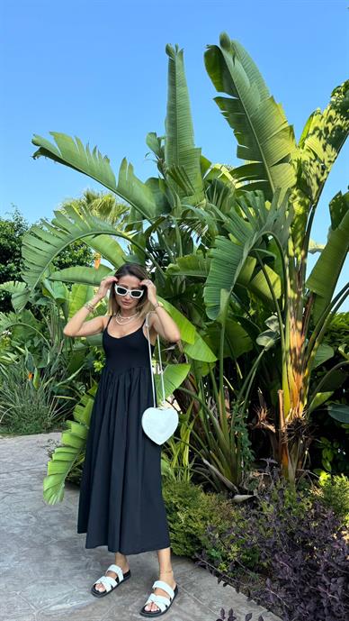 Askılı Fitilli Siyah Elbise