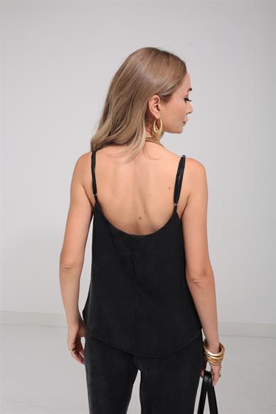 Askılı Tensel Kumaş Siyah Bluz Pantolon