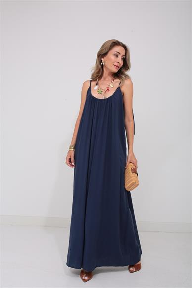 Asklı Geniş Yaka Lacivert Saten Elbise