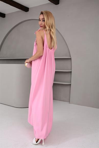 Asklı Geniş Yaka Pembe Saten Elbise