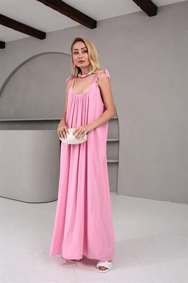 Asklı Geniş Yaka Pembe Saten Elbise