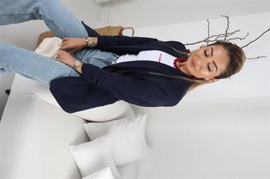 Atlas Kolu Büzgülü Lacivert Blazer Ceket