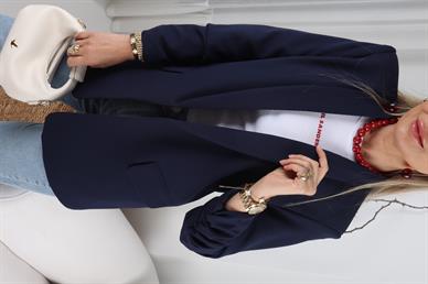 Atlas Kolu Büzgülü Lacivert Blazer Ceket