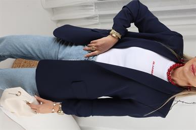 Atlas Kolu Büzgülü Lacivert Blazer Ceket