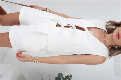 Bağcıklı Yelekli Ekru Keten Şort Takım