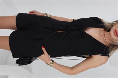 Bağcıklı Yelekli Siyah Keten Şort Takım