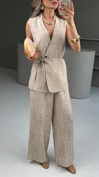 Bağlamalı Yelekli Kırçıllı Camel Takım