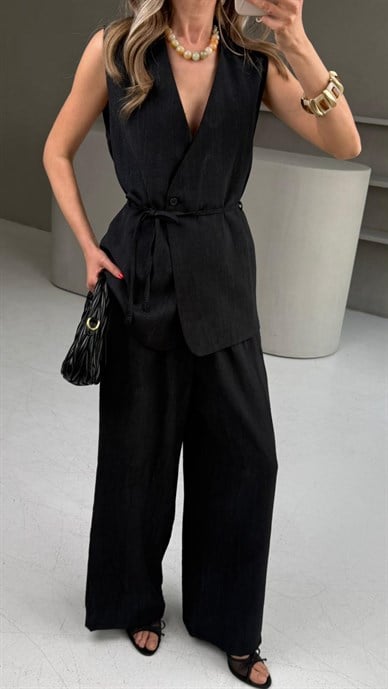 Bağlamalı Yelekli Kırçıllı Siyah Takım