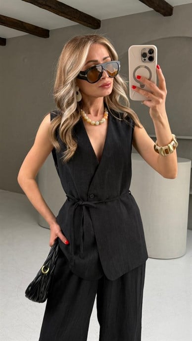 Bağlamalı Yelekli Kırçıllı Siyah Takım