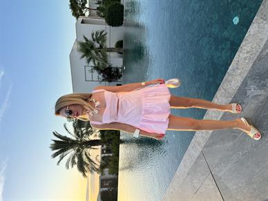 Balon Etekli Dekolteli Pembe Elbise