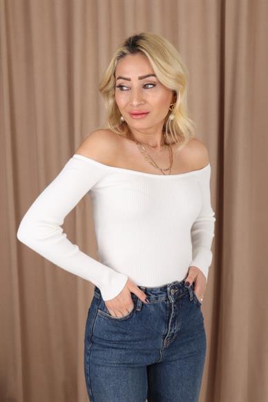 Bardot Yaka Fitilli Ekru Crop Kazak