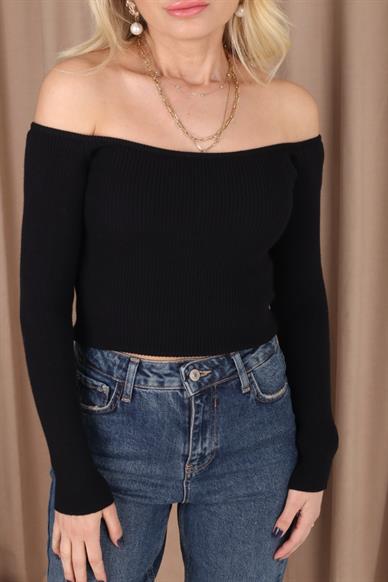 Bardot Yaka Fitilli Siyah Crop Kazak