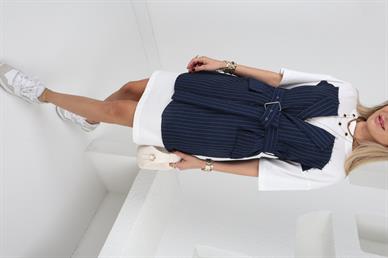 Basic Detay Lacivert Çizgili  Kumaş Elbise