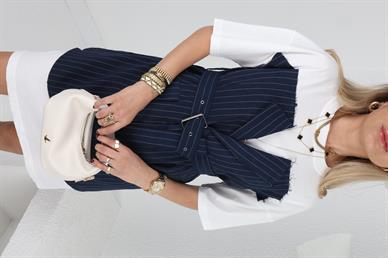 Basic Detay Lacivert Çizgili  Kumaş Elbise