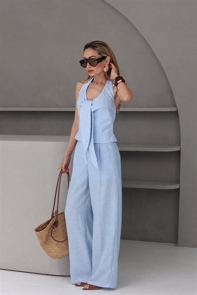 Bebe Mavi Croplu Keten Palazzo Takım