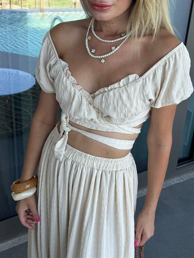 Bej Bağlamalı Croplu Etek Takım