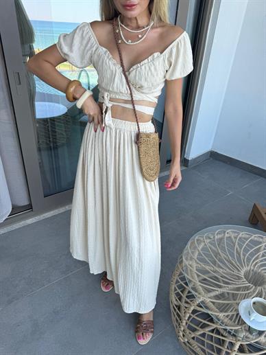 Bej Bağlamalı Croplu Etek Takım