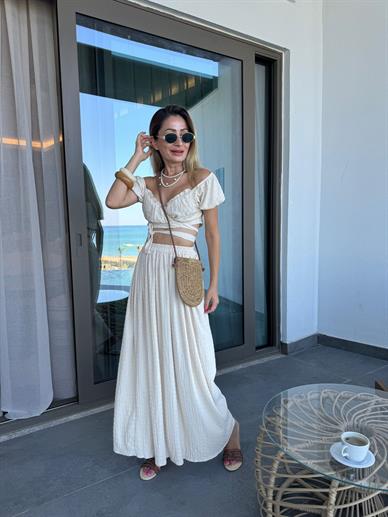 Bej Bağlamalı Croplu Etek Takım