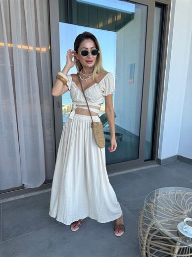 Bej Bağlamalı Croplu Etek Takım