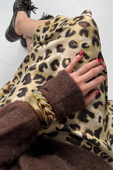 Bej Leopar Desen Verev Kesim Saten Etek
