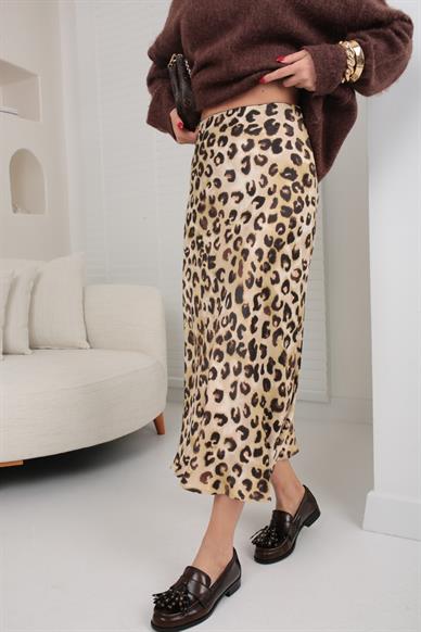 Bej Leopar Desen Verev Kesim Saten Etek