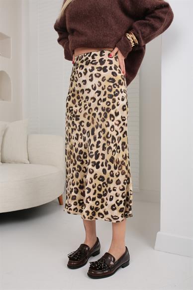 Bej Leopar Desen Verev Kesim Saten Etek