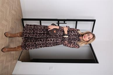 Belden Büzgülü Leopar Desen Şifon Elbise