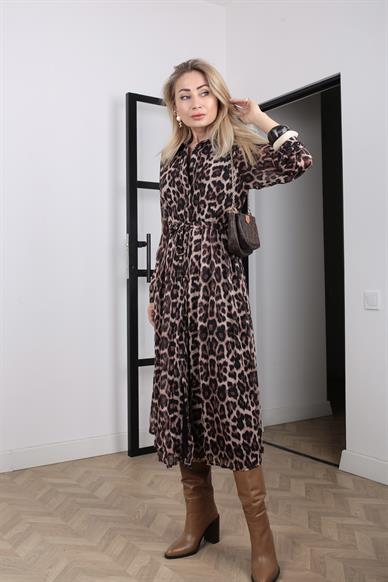 Belden Büzgülü Leopar Desen Şifon Elbise