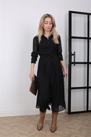 Belden Büzgülü Siyah Şifon Elbise