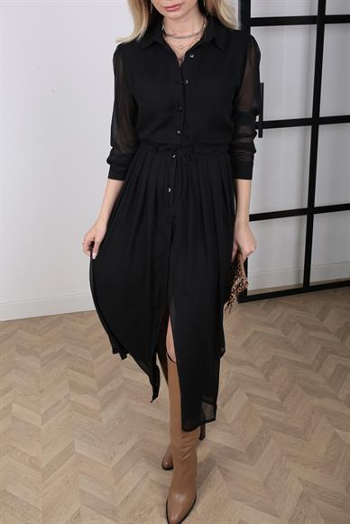 Belden Büzgülü Siyah Şifon Elbise