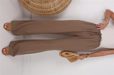 Beli Bağcıklı Kahve Keten Pantolon