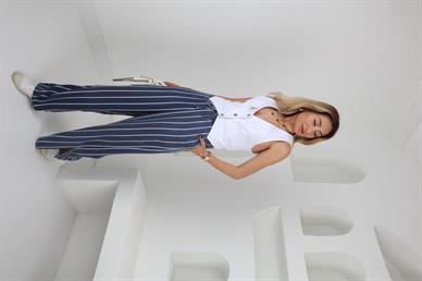 Beli Bağcıklı Lacivert Çizgili Pantolon