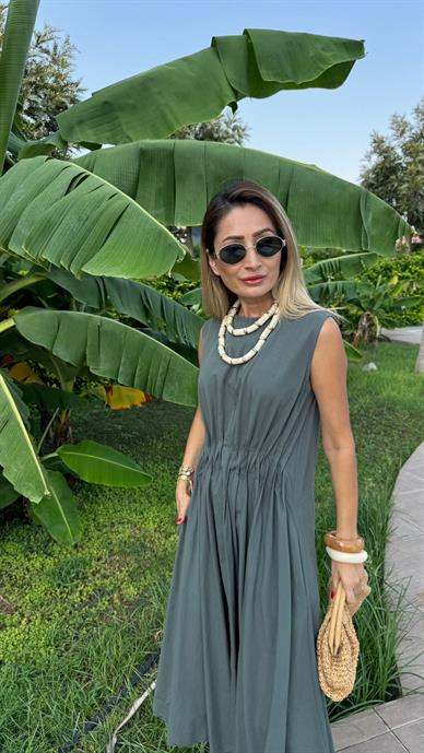 Beli Drapeli Haki Uzun Elbise