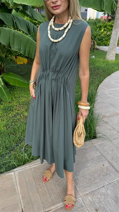 Beli Drapeli Haki Uzun Elbise