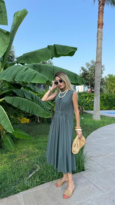 Beli Drapeli Haki Uzun Elbise