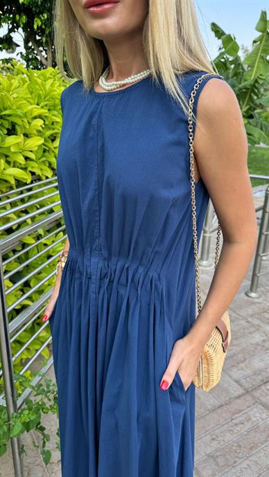 Beli Drapeli Lacivert Uzun Elbise