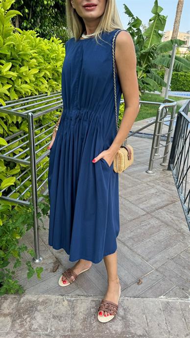 Beli Drapeli Lacivert Uzun Elbise