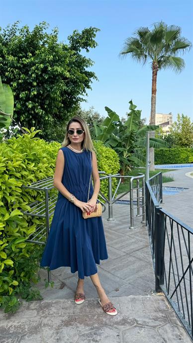 Beli Drapeli Lacivert Uzun Elbise