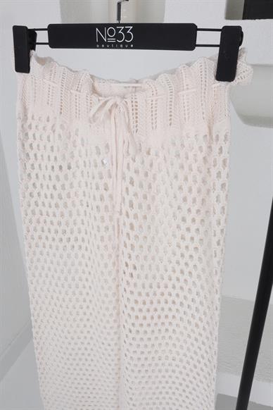 Beli İpli Ajurlu Ekru Pantolon
