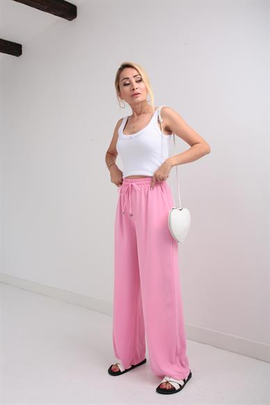 Beli Lastikli Bağcıklı Pembe Geniş Kesim Pantolon