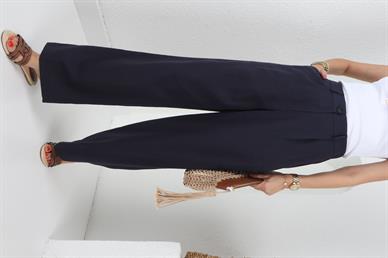 Beli Lastikli Bol Paça Lacivert Keten Pantolon