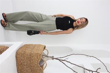 Beli Lastikli Bol Paça Mint Keten Pantolon