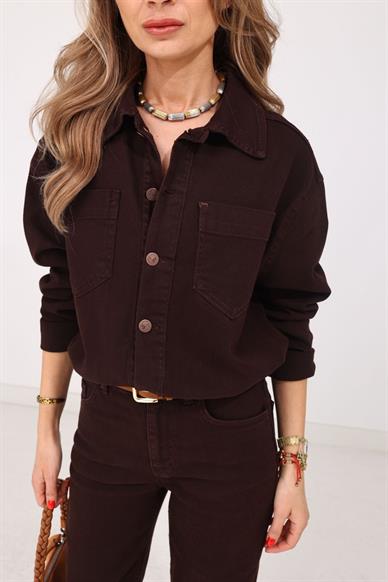 Beli Lastikli Kahve Denim Tulum