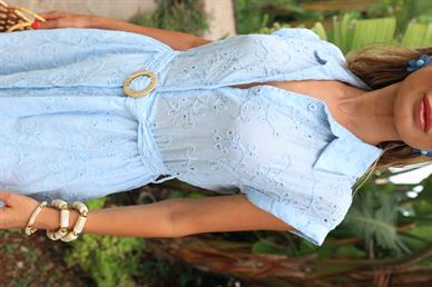 Beli Lastikli Mavi Fisto Elbise